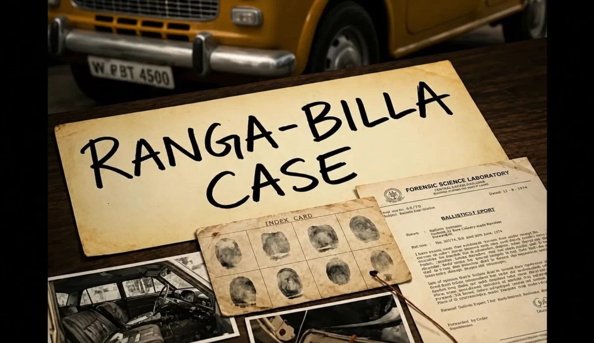 Ranga Billa case story with case files, fingerprint evidence, forensic documents, photographs, and a vintage yellow car on a detective desk.