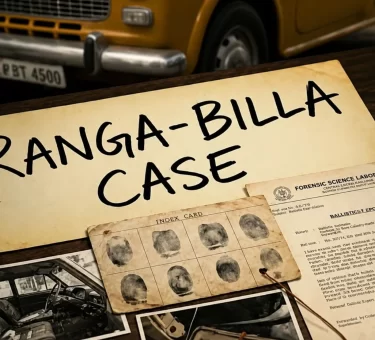 Ranga Billa case story with case files, fingerprint evidence, forensic documents, photographs, and a vintage yellow car on a detective desk.