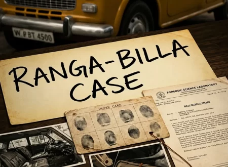 Ranga Billa case story with case files, fingerprint evidence, forensic documents, photographs, and a vintage yellow car on a detective desk.