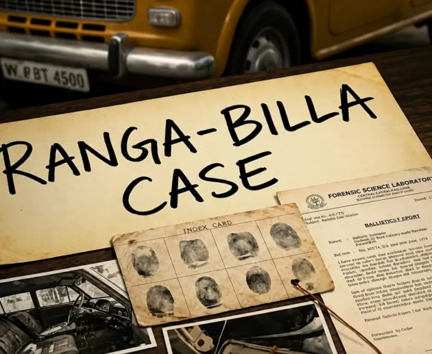 Ranga Billa case story with case files, fingerprint evidence, forensic documents, photographs, and a vintage yellow car on a detective desk.