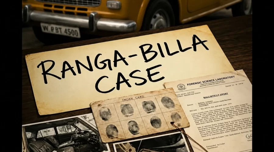 Ranga Billa case story with case files, fingerprint evidence, forensic documents, photographs, and a vintage yellow car on a detective desk.