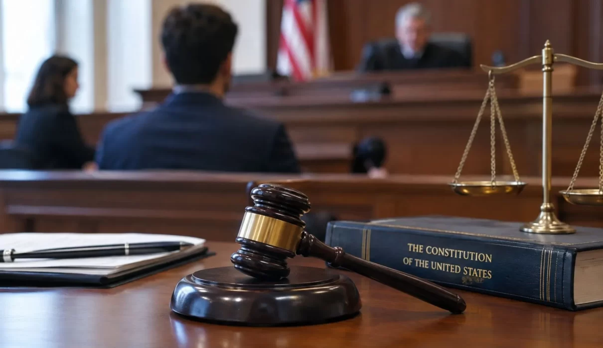 Courtroom with a judge, gavel, and Constitution book representing Sixth Amendment rights to a fair criminal trial.