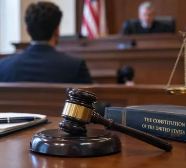 Courtroom with a judge, gavel, and Constitution book representing Sixth Amendment rights to a fair criminal trial.