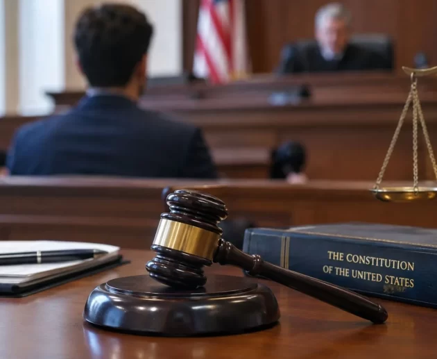 Courtroom with a judge, gavel, and Constitution book representing Sixth Amendment rights to a fair criminal trial.