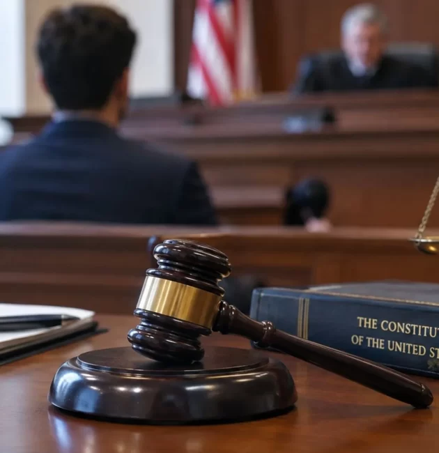 Courtroom with a judge, gavel, and Constitution book representing Sixth Amendment rights to a fair criminal trial.